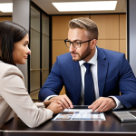A bank Private Banker (PB) advising a client on investment portfolio options, emphasizing personalized financial planning and communication, set in a modern, upscale bank environment.