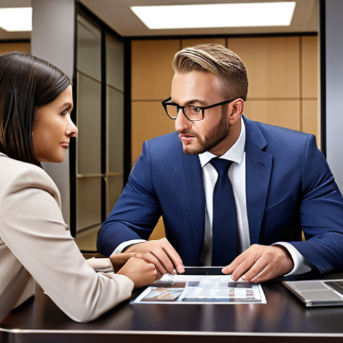Home 19 A bank Private Banker (PB) advising a client on investment portfolio options, emphasizing personalized financial planning and communication, set in a modern, upscale bank environment.