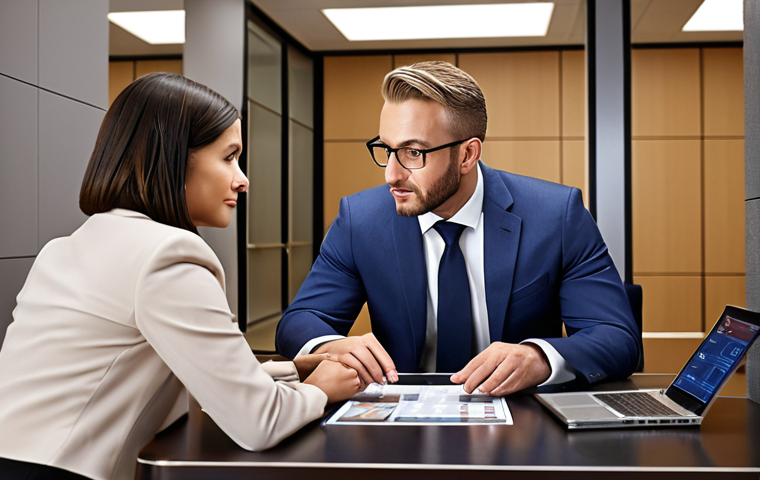 A bank Private Banker (PB) advising a client on investment portfolio options, emphasizing personalized financial planning and communication, set in a modern, upscale bank environment.