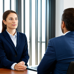 A professional female financial advisor, fully clothed in a modest business suit, seated at a polished desk, attentively listening to a middle-aged male client. The client is also fully clothed in appropriate business casual attire, expressing his thoughts with a relaxed, open posture, hinting at developing trust. The scene is set in a bright, modern office with soft natural light coming through a large window. Professional photography, high-resolution, natural pose, perfect anatomy, correct proportions, well-formed hands, proper finger count, natural body proportions, safe for work, appropriate content, fully clothed, professional dress.