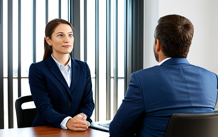 A professional female financial advisor, fully clothed in a modest business suit, seated at a polished desk, attentively listening to a middle-aged male client. The client is also fully clothed in appropriate business casual attire, expressing his thoughts with a relaxed, open posture, hinting at developing trust. The scene is set in a bright, modern office with soft natural light coming through a large window. Professional photography, high-resolution, natural pose, perfect anatomy, correct proportions, well-formed hands, proper finger count, natural body proportions, safe for work, appropriate content, fully clothed, professional dress.