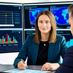 A professional female financial advisor in a modest business suit, seated at a modern desk, calmly consulting with a male client. In the background, large digital screens display complex yet clear financial data visualizations and market trends, representing digital innovation. The advisor maintains a confident and reassuring demeanor, gesturing towards a tablet that shows a personalized financial plan. Both individuals are fully clothed in appropriate business attire, maintaining a natural pose. The scene conveys trust, expertise, and guidance in a professional setting. Professional photography, high resolution, soft studio lighting, sharp focus, perfect anatomy, correct proportions, well-formed hands, proper finger count, natural body proportions, safe for work, appropriate content, modest, family-friendly.