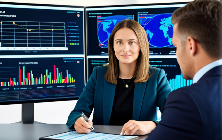 A professional female financial advisor in a modest business suit, seated at a modern desk, calmly consulting with a male client. In the background, large digital screens display complex yet clear financial data visualizations and market trends, representing digital innovation. The advisor maintains a confident and reassuring demeanor, gesturing towards a tablet that shows a personalized financial plan. Both individuals are fully clothed in appropriate business attire, maintaining a natural pose. The scene conveys trust, expertise, and guidance in a professional setting. Professional photography, high resolution, soft studio lighting, sharp focus, perfect anatomy, correct proportions, well-formed hands, proper finger count, natural body proportions, safe for work, appropriate content, modest, family-friendly.