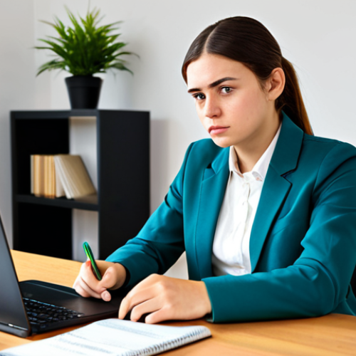 Home 6 펀드투자상담사 관련 온라인 강의 후기 - Focused Student**
A young professional woman, wearing a modest blouse and blazer, sitting at a desk...