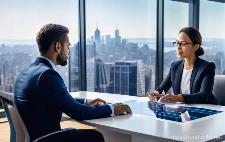펀드투자상담사와 관련된 금융 기술 활용 - A professional, diverse male fund investment advisor, in his late 30s, wearing a sharp business suit...