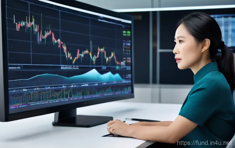 펀드투자상담사와 금융 상품 비교 사례 - **Prompt:** A discerning, smartly dressed East Asian woman in her late 30s sits at a modern, unclutt...