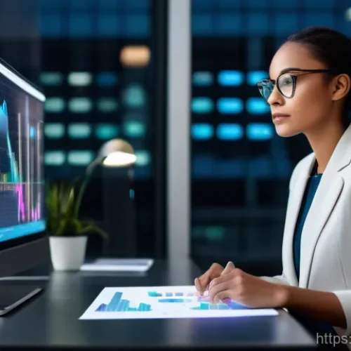 Home 22 펀드투자상담사와 고객 맞춤형 투자 전략 - A confident young professional woman in a stylish business casual outfit, seated at a sleek, minimal...