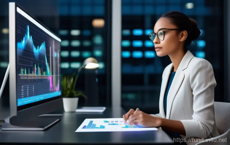 펀드투자상담사와 고객 맞춤형 투자 전략 - A confident young professional woman in a stylish business casual outfit, seated at a sleek, minimal...